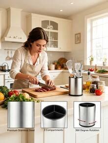 360° Rotating Kitchen Utensil Storage Rack, Stainless Steel Round Kitchen Tool Organizer With Drainage Holes, Soup Ladle, Fork, Knife, Scraper And Cooking Utensils Storage Bucket, Suitable For Kitchen And Dining Room Countertop Storage - Multicolor - View 7