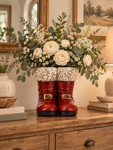 Vintage Red Boot-Shaped Planter/Vase, Double Boot Design With Gold Buckle, Rustic Farmhouse Style Desktop Floral Decor, Unique Home Decoration For Living Room, Entryway, Shelves And Coffee Table - B - View 1
