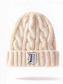 1 Pc A-Z Letter Women's Soft Plush Knit Loose Beanie, Warm Thick Ribbed Winter Cuffed Hat - Off-white - View 8