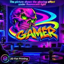 2D Flat Pattern, Single Piece, Game Theme Skull Pattern, Fluorescent Color, Vibrant Colors, Skull Pattern, Gamer Graffiti Text, Vortex Pattern, Glows Under Fluorescent Light, Wall Decor, Backdrop, Gaming Room, Party Decoration. - Multicolor - View 6
