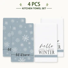 2-Pack Blue & White Snowflake English Pattern Kitchen Towels, Minimalist Fresh Winter Style Hand Towels, Misty Blue Background With White Snowflake, "Let It Snow" English Text, White Background With "Hello Winter" English Text & Blue Stripe Decoration, Winter Design, Suitable For Winter, Christmas Season, Kitchen, Dining Room, Bathroom And Daily Home Decor. - Multicolor - View 12