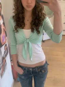 Women Y2K Ribbed Deep V Front Tie Crop Top, Three Quarter Sleeve Slim Fit Solid Color Casual Cropped Blouse - Mint Green - View 3