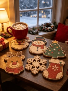6pcs Christmas Wooden Coasters, Printed With Santa Claus, Snowman, Christmas Tree, Reindeer, Snowflake And Sock Patterns, Rustic Wooden Coasters With Cartoon Print Design, Christmas Party Tabletop Protection Pads, Home Decor, Kitchen Decor And Winter Holiday Supplies, Christmas Home Decor, Kitchen Gadgets, Kitchen Utensils, Ramadan, Arabic Coffee Cups, Kitchen Decor, Kitchen Accessories, Kitchen Supplies, Home Accessories, Holiday Essentials, Kitchen Essentials, Kitchen Decor And Accessories, Home Essentials, College Essentials - Multicolor - View 4