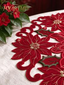 HXARTMIS 1/2/4pcs, 38cm Round Red Lace Placemats, Red Floral Embroidered Handmade Hollow Table Mats, Holiday Table Decor, Christmas Table Decoration, Daily Home Decor - Red - View 4