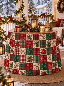 1pc Red And Green Plaid Christmas Table Skirt, Polyester Patchwork Christmas Red Flowers, Holly Berries, Snowflake Print Rectangular Table Edge Cover, Vintage Holiday Dining Table Decor, Suitable For Christmas Dinner, Family Gathering And Winter Home - Multicolor - View 6