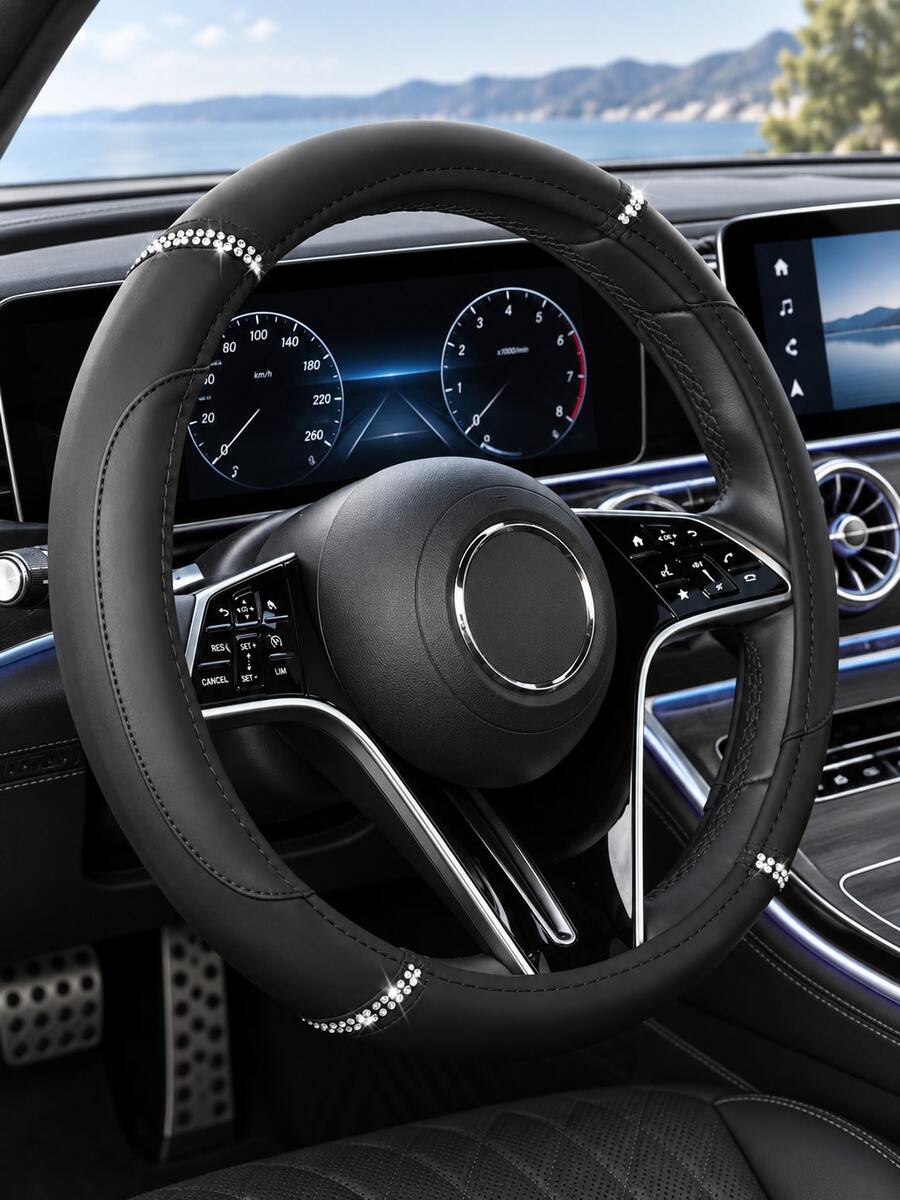 Bling Rhinestone Leather Spliced Car Steering Wheel Cover, Anti‑Slip Inner Ring Wear‑Resistant Steering Wheel Protector, Universal 15 Inch Fashion Car Interior Accessories For Women Ladies