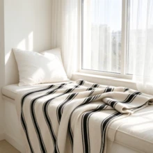 Black Striped Double-Sided Half-Fleece Blanket, Minimalist Throw Blanket For Office Nap, Air-Conditioned Room And Sofa - Black and White - View 4