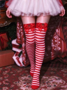 1 Pair Christmas Strawberry Bow Over-The-Knee Socks, Luxury Fashion, One Size High Elasticity, Suitable For Party Date Night, Spring Style - Multicolor - View 12