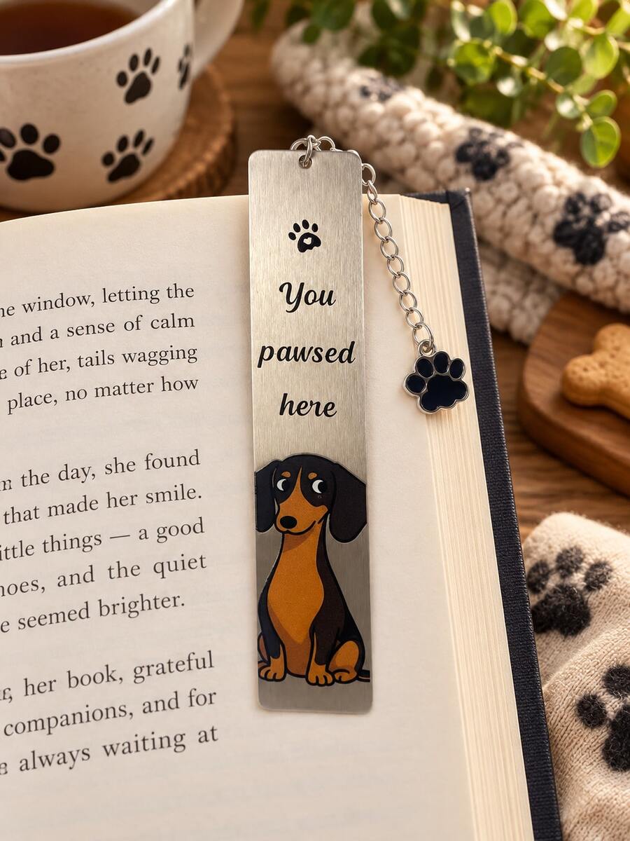 Dachshund Dog Metal Bookmark, Pun Quote You Pawsed Here Page Marker With Black Paw Pendant, Book Lover Gift