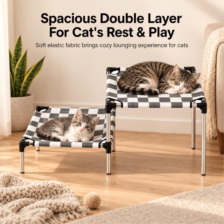 2-Tier High-Low Cat Bed, Black & White Checkerboard Removable Washable Canvas Cat Platform, Sturdy Weight-Bearing Multi-Cat Shared Cat Nest