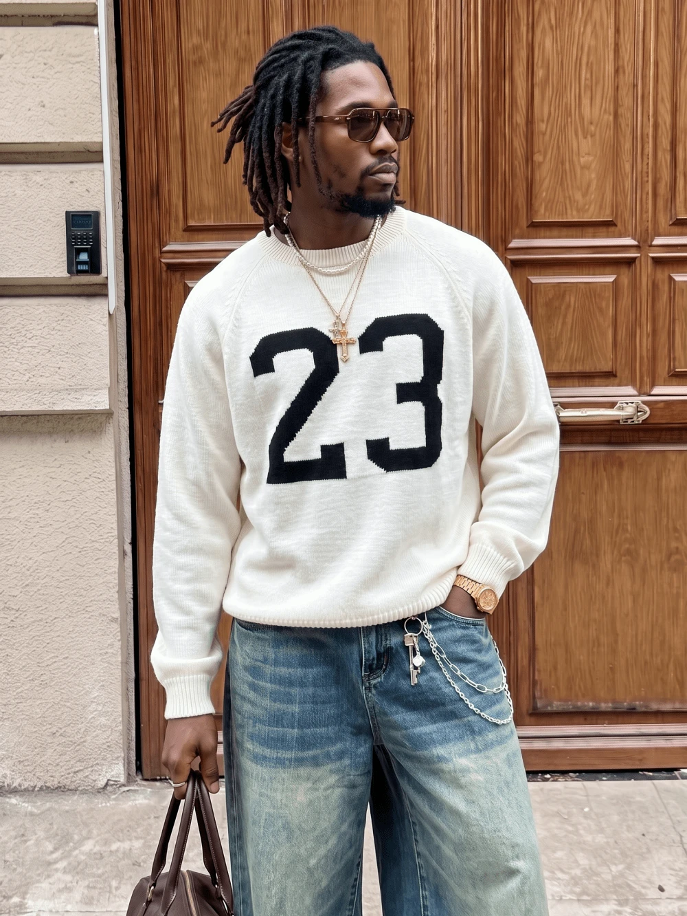 BLACKTOEXIT Men's Round Neck Long Sleeve Knit Sweater, Korean Style, Slouchy Colorblock Digital Raglan Cut, Ribbed Cuffs, Pullover, Autumn/Winter - Apricot - View 1
