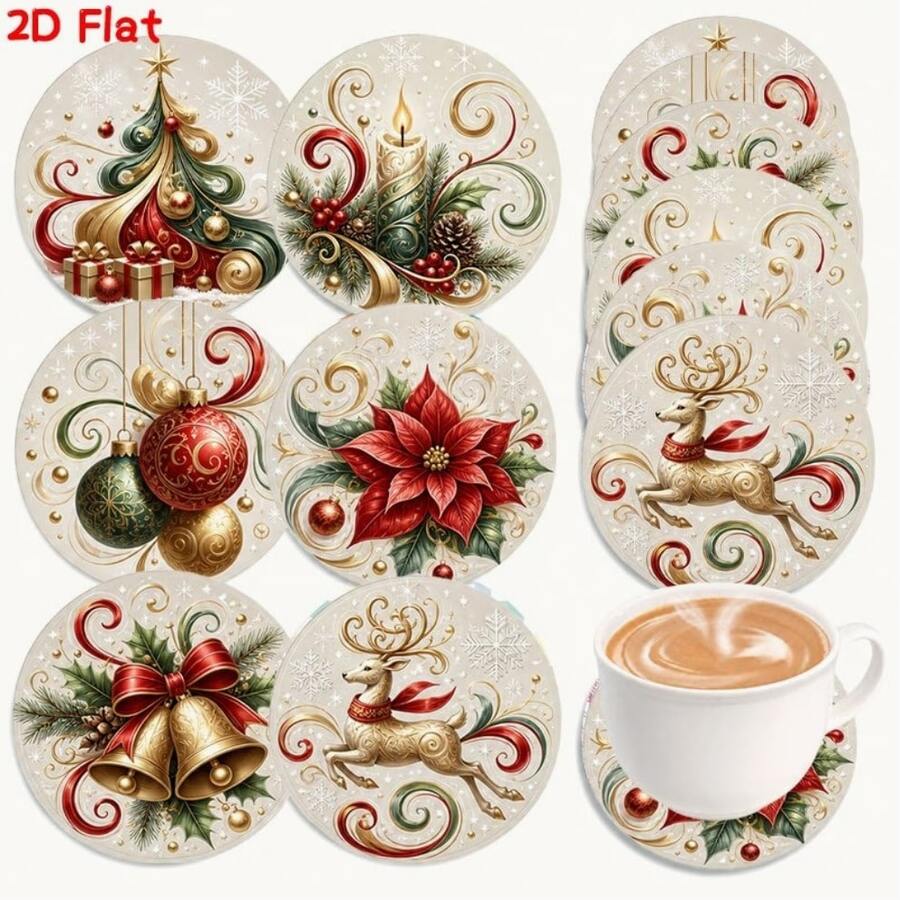 2Dflat 4pcs/Set Wooden Christmas Themed Coasters, Decorated With Exquisite 2D Flat Christmas Tree And Gift Patterns, Suitable For Home And Office Decoration, Also An Ideal Gift For Housewarming Or Holiday Occasions For Friends And Family - Multicolor - View 1