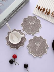 1-4pcs Wavy Edge Butterfly Embroidered Coasters, Burgundy Linen Fabric Embroidered Heat-Insulating Cup Mats, New Chinese Style Desktop Decor Small Placemats - Wavy - View 9