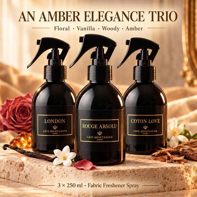 Zimaya Gris Montaigne Paris Trio Parfum Textile 3 * 250ml | London, Rouge Absolu & Coton Love | Floral, Vanilla, Woody & Amber Notes