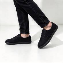 Men's Canvas Casual Shoes, Breathable Lightweight Anti-Slip Walking Shoes, Solid Color Round Toe Lace-Up Low-Top Flat Design, All-Season Versatile Minimalist All-Match Style, Suitable For Daily Commute, Work And Back To School Wear - Black - View 6