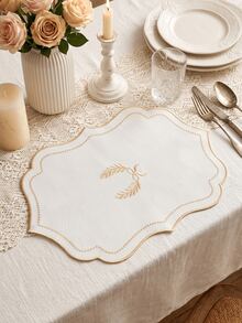 1-12pcs Vintage Scalloped Wavy Edge Embroidered Placemats, Cream Base With Red Laurel & Bow Embroidery, Fabric Heat-Insulating Decorative Table Mats For Home Dining - Multicolor - View 12