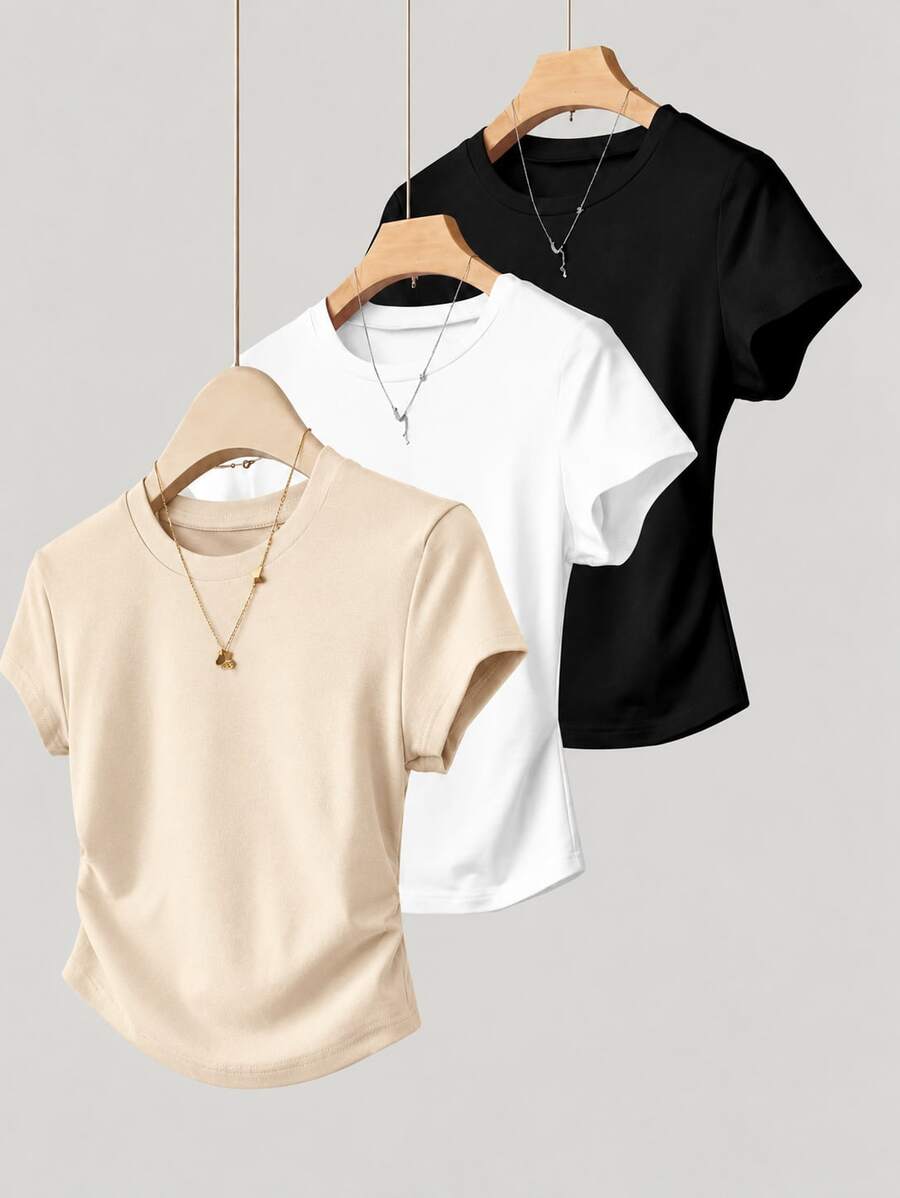 Paquete set conjunto pack3 piezas playera camiseta blusa gráfica dama mujer manga corta cuello redondo básica cómoda fresca ligera moderna juvenil casual día noche diario otoño invierno - Negro Blanco Beis - Ver 1