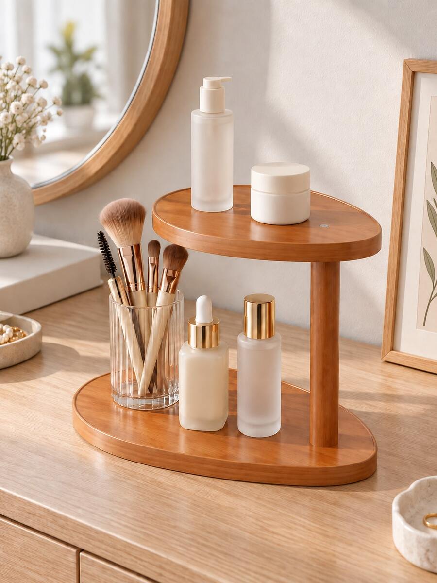 1pc Leaf-Shaped 2-Tier Desktop Storage Rack, Wood Grain Desktop Organizer, Small Decorative Display Stand, Suitable For Jewelry, Watches, Perfume, Bedroom Living Room Home Decor, Multi-Layer Countertop Small Item Storage Rack - Multicolor - View 1