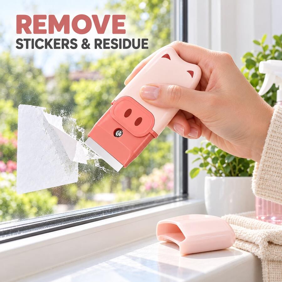 1 Set Cute Animal Mini Scraper With Metal Blade And Protective Cover, Portable Handheld Sticker Remover, Suitable For Adhesive Residue, Glass Windows, Ceramic Tiles And Stove Cleaning, Compact Bear Pig Cat Design, Small Household Cleaning Tool - Multi-color - View 1