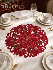 HXARTMIS 1/2/4pcs, 38cm Round Red Lace Placemats, Red Floral Embroidered Handmade Hollow Table Mats, Holiday Table Decor, Christmas Table Decoration, Daily Home Decor - Red - View 7