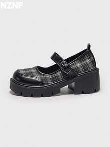 NZNF Women's Solid Color College Style PU Shoes With Buckle Strap, Thick Sole And Chunky Heel, Daily Commute Shoes - Black - View 2