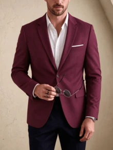 Solid Color Lapel Single Button Blazer Men's Slim Fit Business Casual Commute Versatile Single Jacket - Red - View 3