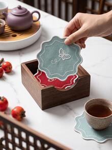 1-4pcs Wavy Edge Butterfly Embroidered Coasters, Burgundy Linen Fabric Embroidered Heat-Insulating Cup Mats, New Chinese Style Desktop Decor Small Placemats - Wavy - View 6