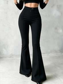 Women's Solid Color Casual Versatile Daily Wear Flare Leg Pants - Black - View 2