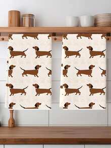 2pcs Kitchen Towels, Dog Element, Atmospheric, Suitable As Gift, Suitable For Family Gathering, Customizable, Pattern With Many Dachshunds, Also Available In Bathroom Towels - Beige - View 1
