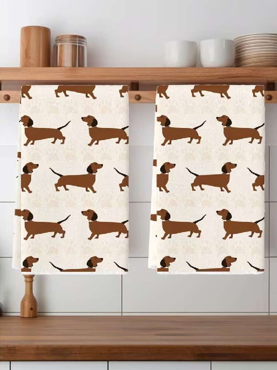 2pcs Kitchen Towels, Dog Element, Atmospheric, Suitable As Gift, Suitable For Family Gathering, Customizable, Pattern With Many Dachshunds, Also Available In Bathroom Towels - Beige - View 1
