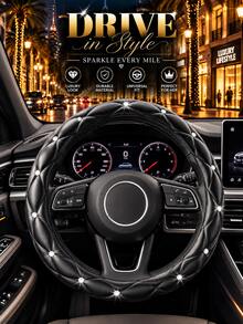 No Inner Ring Rhinestone Steering Wheel Cover, Light Pink Bling Crystal Leather Car Interior Accessory For Women, Anti-Slip Universal Fit 14.5-15 Inch - Multicolor - View 3