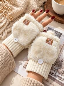 Women's Plush Flap Gloves, Sweet Style Button Design Convertible Fingerless Gloves, Ribbed Knit Cuffs With Lucky Bear Patch, Warm Hand Accessory For Autumn/Winter, Suitable For Daily Life, Study, Work And Outdoor Activities - Multicolor - View 7