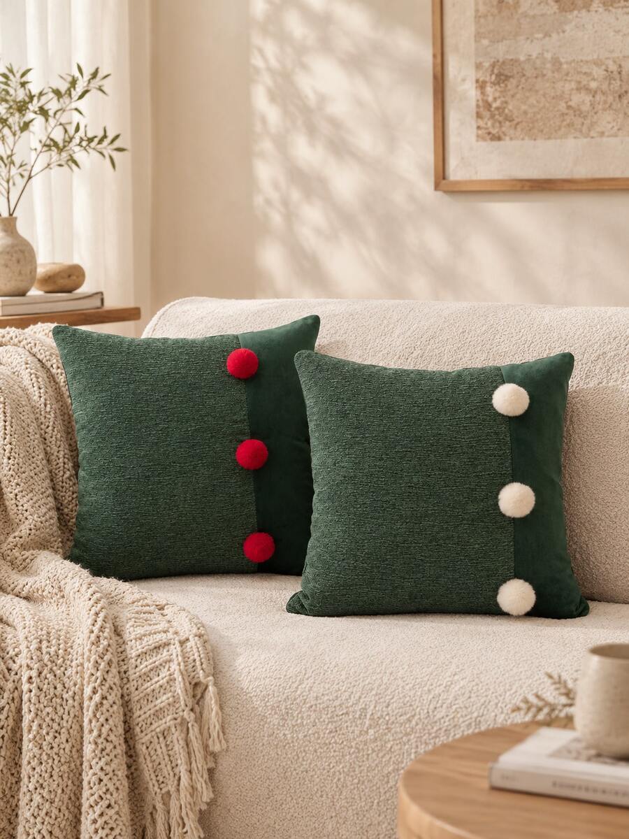 1pc Christmas Velvet Ball Pillow Case, Dark Green Textured Patchwork Cushion Cover, Holiday Christmas Decorative Pillow Shell, Suitable For Sofa Bedroom, Comfortable Holiday Home Decor, Pillow Insert Not Included