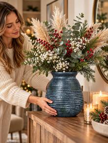 1pc Nordic Resin Flower Vase, Ribbed Textured Rustic Vase For Pampas Grass Dried Flowers, Modern Minimalist Home Decor For Living Room Bedroom Shelf Coffee Table - A - View 1