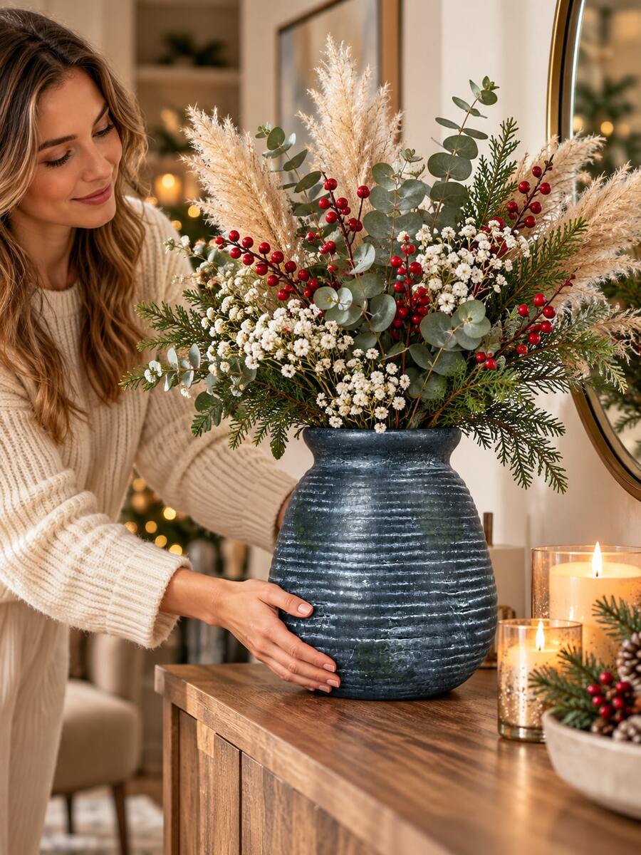 1pc Nordic Resin Flower Vase, Ribbed Textured Rustic Vase For Pampas Grass Dried Flowers, Modern Minimalist Home Decor For Living Room Bedroom Shelf Coffee Table - A - View 1
