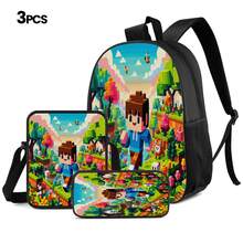 Pixel Forest Animal Boy Walking In Flower Sea Print 3 Pieces Set, Large Capacity Backpack + Crossbody Lunch Bag + Pencil Case, Durable Water-Resistant Fabric, Adjustable Padded Shoulder Straps, Fresh Healing Sandbox Style Daily Commute Travel Storage Set - Printed Bag - View 12