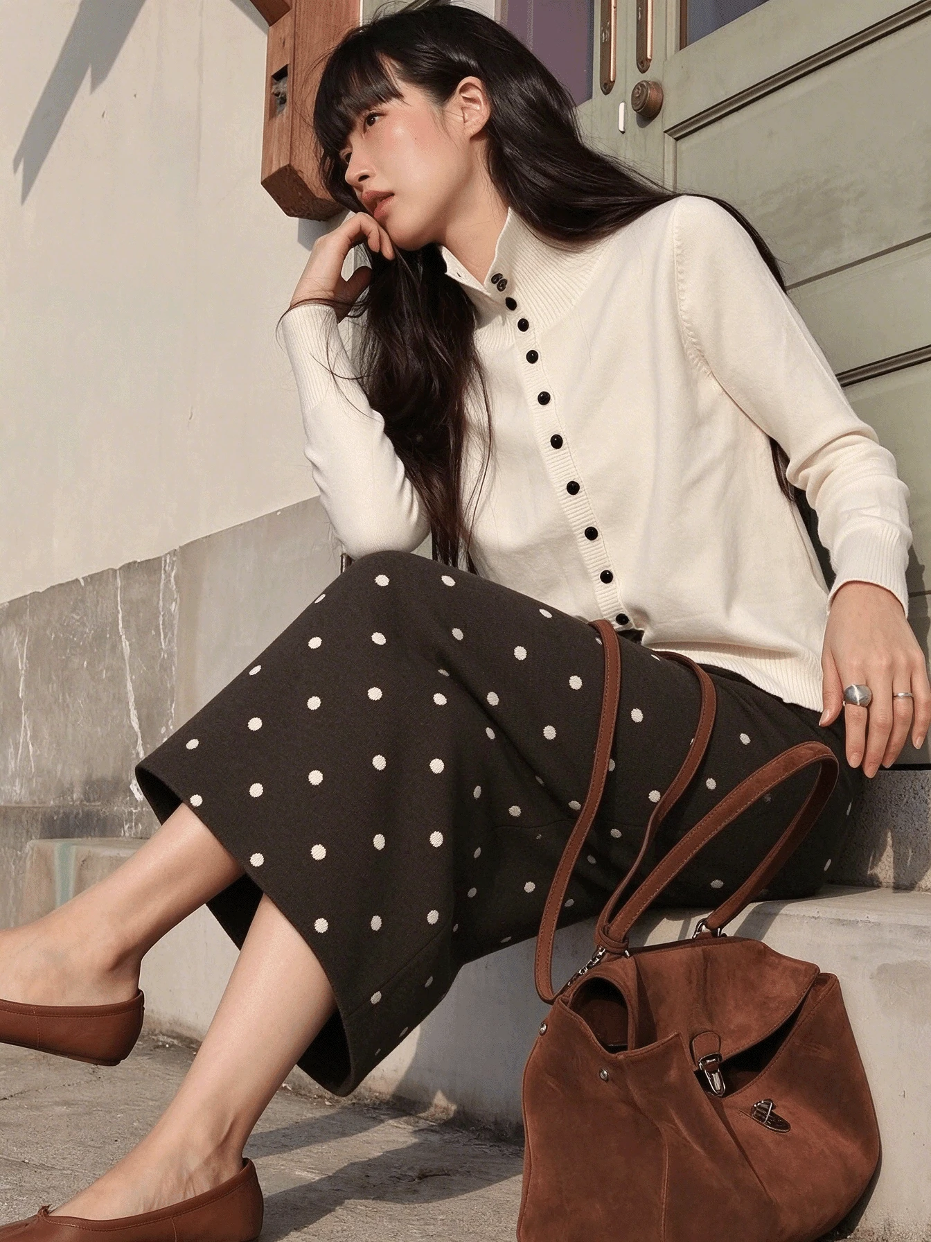 Women's Autumn/Winter Korean Y2K Polka Dot Knit Sweater Bodycon Skirt In Coffee Brown, Suitable For Casual Holiday Outings And Shopping - Brown With White Polka Dots - View 1