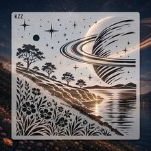 Large Celestial Landscape Stencil, Reusable Ringed Planet Lake & Wildflower Painting Template For Canvas, Fabric, Wall Art, Furniture & DIY Home Decor - White - View 1