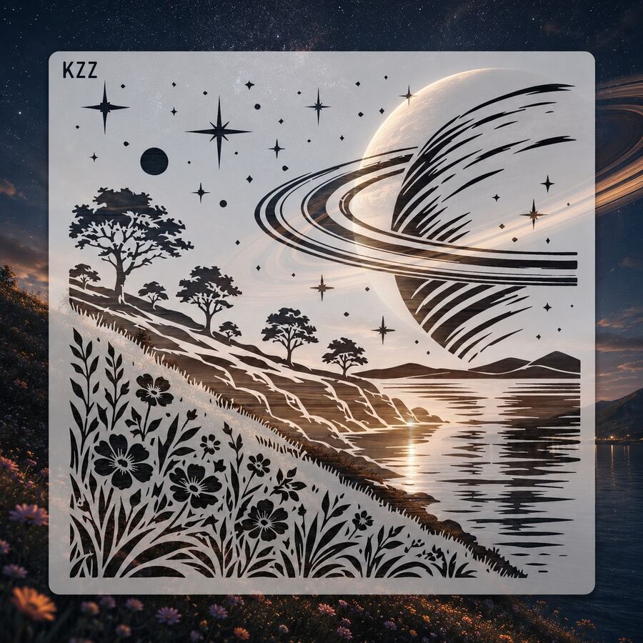 Large Celestial Landscape Stencil, Reusable Ringed Planet Lake & Wildflower Painting Template For Canvas, Fabric, Wall Art, Furniture & DIY Home Decor - White - View 1