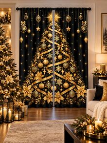 2pcs Black & Gold Christmas Tree Window Curtains, Snowflake & Ornament Print Drapes, Elegant Holiday Living Room Bedroom Decor, Xmas Window Decoration Set - E - View 2
