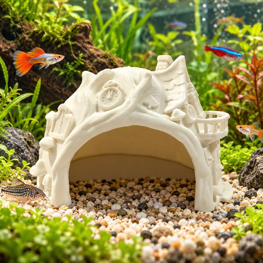 1pc 3D Printed Fairy Tale Tree House Fish Tank Hideout, Resin Aquarium Ornament, Betta Fish & Shrimp Cave Decor, Fish Hiding House - Multicolor - View 1