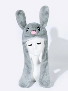 1件中性兔子毛絨帽，可動耳朵，戶外休閒帽 - 灰色 - 查看 3