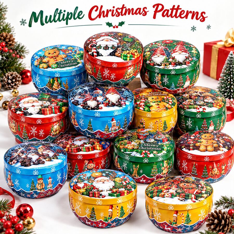 HIZTGHC 8pcs Christmas Print Empty Metal Candle Jars With Lids, Multiple Holiday Pattern Candle Jars, DIY Candle Making Containers, Suitable For Christmas Home Decor, Christmas Gifts, Room Decor, Home Decor And Holiday Craft Projects