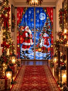 2pcs Christmas Santa & Snowman Window Curtains, Snowy Night Village & Christmas Tree Print Drapes, Holiday Living Room Bedroom Decor, Xmas Window Set - E - View 6
