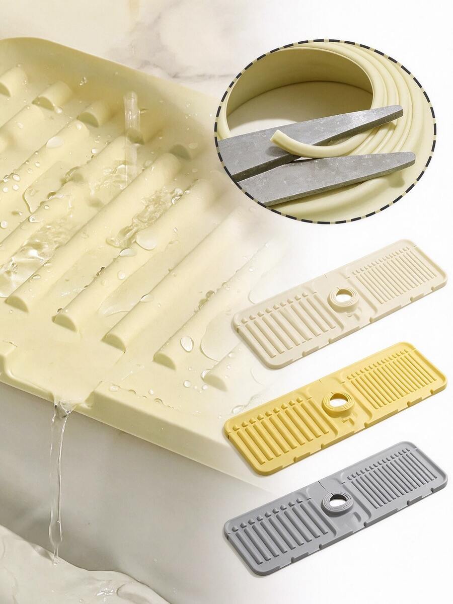 1pc Silicone Sink Drain Mat, Cuttable Design With Built-In Drainage Outlet, Wavy Water-Guiding Texture, Fits Kitchen Countertop, Absorbs Dishwashing Water Spills, Place Around Sink, Kitchen Countertop Organizer, Countertop Drain Mat, Kitchen Storage Mat, Countertop Water Control Mat, Kitchen Countertop Protection Accessory - Multicolor - View 1