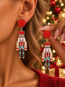1 Pair Christmas Red Rhinestone Domed Nutcracker Earrings, Vintage Fairy Tale Style Holiday Jewelry For Women, Suitable For Vacation Outfit And Christmas Gift - Red - View 4