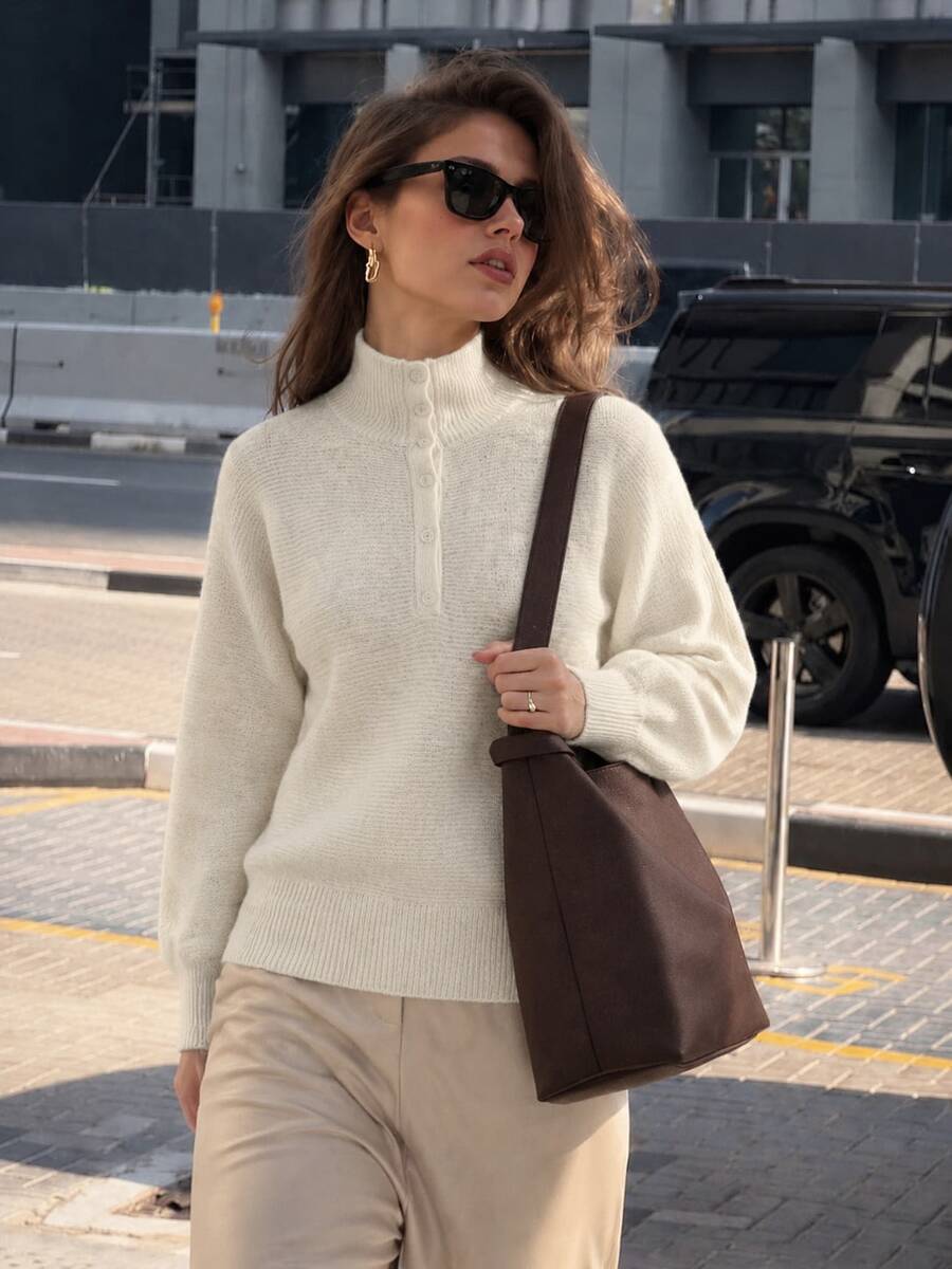 Plus Size Women's Cream Color Button High Neck Ribbed Knit Pullover Sweater Suitable For Autumn/Winter Daily Wear - White - View 1