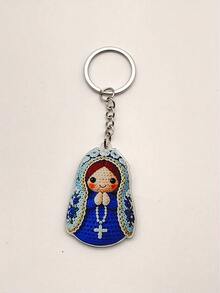 1pc 3D Keychain Pendant, Handmade Crochet Craft Acrylic Dust-Proof Encapsulated, Universal Accessory For Bags, Cars, Backpacks, Cartoon Virgin Mary Design With Floral Border And Cross Element, INS Style Creative Pendant, Personalized Backpack Decoration, Small Gift, Key Storage Wall, Home Decor, Bedroom Decoration - Multicolor - View 12