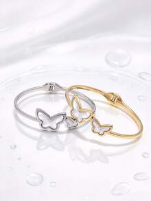 1pc Elegant Personalized Charming Fashionable Ins Style Stainless Steel Gold-Plated Shell Inlaid Butterfly Bracelet, Women's Party Gift Choice - Butterfly - View 1