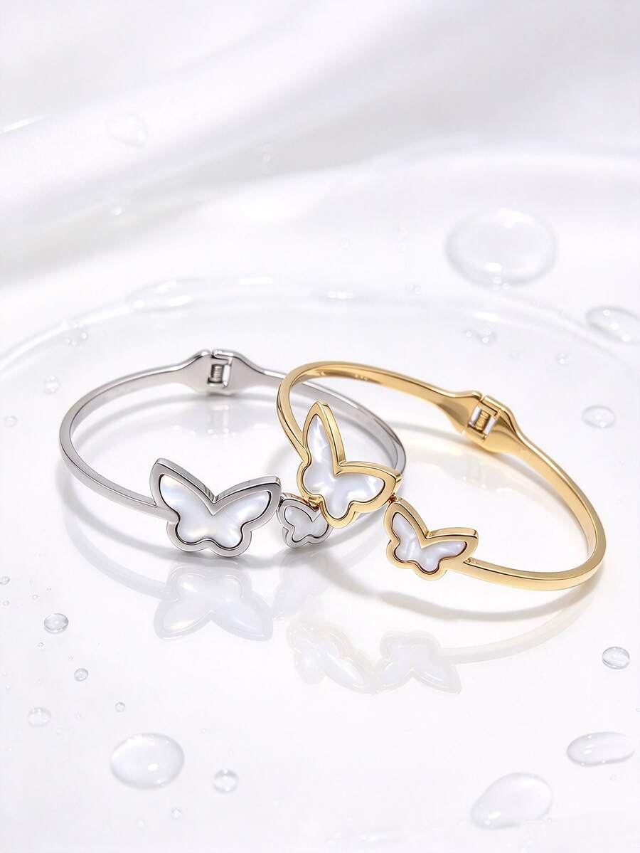 1pc Elegant Personalized Charming Fashionable Ins Style Stainless Steel Gold-Plated Shell Inlaid Butterfly Bracelet, Women's Party Gift Choice - Butterfly - View 1